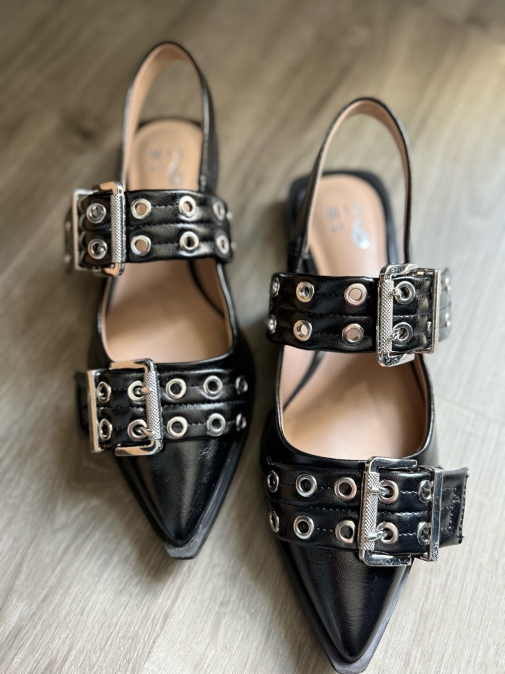 Mix No. 6 Black Pointed Toe Slingback Flats with Buckle Straps